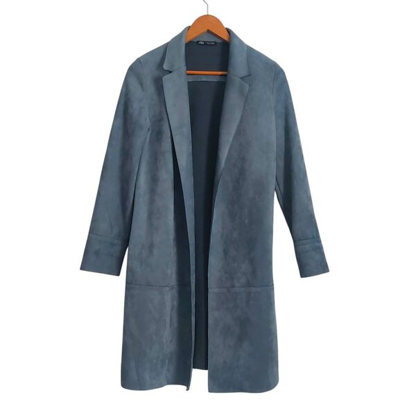ZARA Faux Suede Blue Blazer XS Longline Open Front Trendy Dressy Jacket Modern - Picture 1 of 13